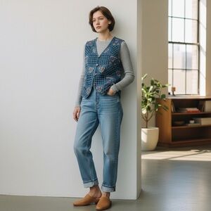 Vintage Denim Vest with embroidered hearts and flowers